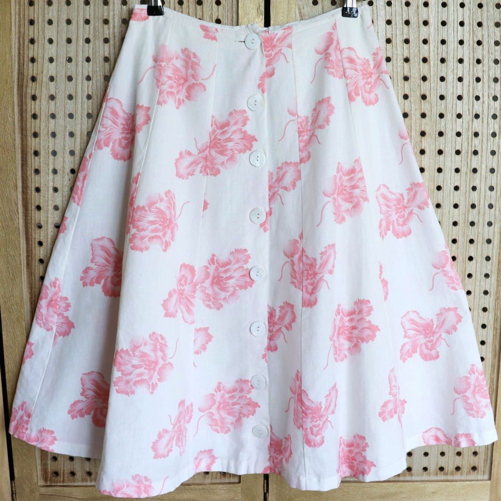 The J PETERMAN Company Linen Blend White Pink Floral Midi Skirt Womens SIZE 6